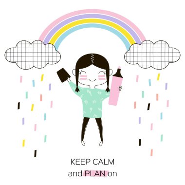 küçük karikatür komik Kızılderili planlayıcısı kız ile gökkuşağı, kawaii stil karakter, pastel renklerle basit düz vektör grafiği, Ofis Kırtasiye konsept illüstrasyon altında pembe parlak