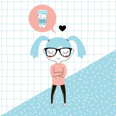 kahve memphis arka plan, kawaii stil karakter, pastel renklerle düz vektör grafiği üzerinde düşünme karikatür inek planlayıcısı kız