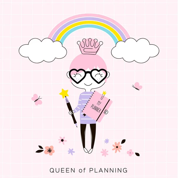 ピンクのノートとペンを身に着けている王冠の形をしたクリップ立っている虹 可愛いスタイル文字パステル カラー単純なフラット ベクトル グラフィック かわいいオフィス文房具概念図 計画の女王の下で小さな漫画幸せプランナー少女 — ストックベクタ