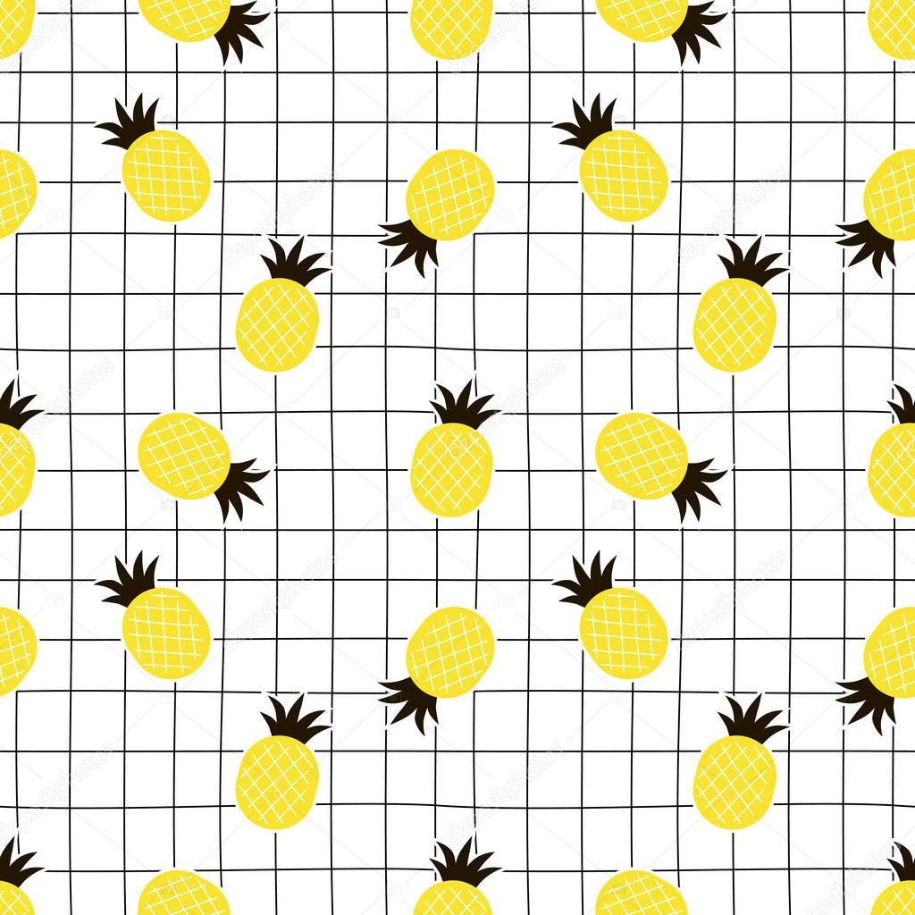 decorative chaotic pineapple and doodle plaid seamless pattern