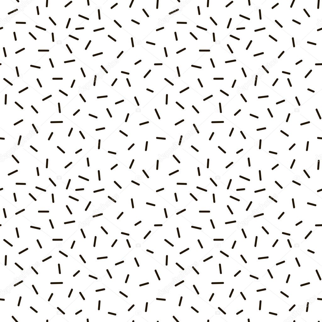 Abstract dash seamless pattern, Memphis style background with small dashes, retro black and white vector texture