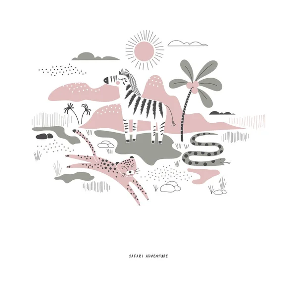 Decorativo rosa y verde sabana fauna ilustración — Vector de stock