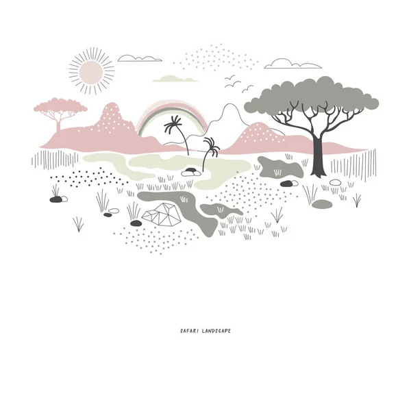 Decorativo rosa y verde sabana fauna ilustración — Vector de stock