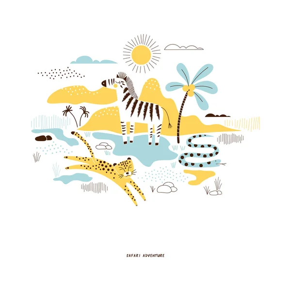 Ilustración decorativa de la fauna de sabana amarilla y azul — Vector de stock