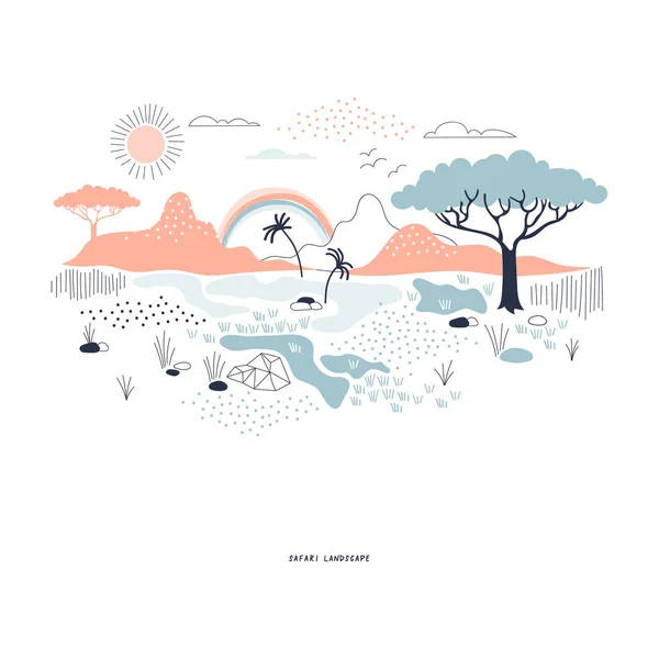 Decorativo naranja y azul marino savannah fauna ilustración — Vector de stock