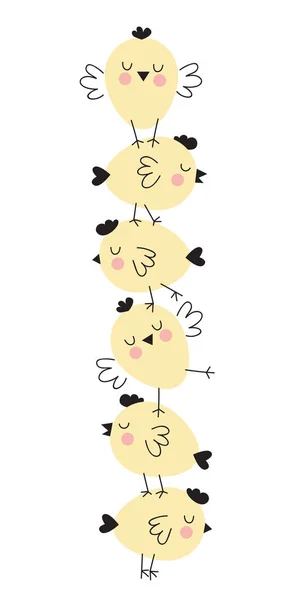 Mignon dessin animé poulets jaunes debout l'un sur l'autre — Image vectorielle