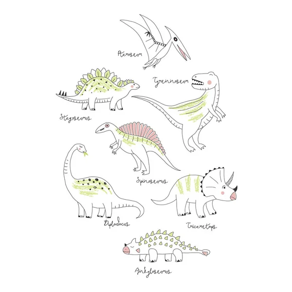 Lindo Dino Mano Dibujado Ilustración Vectorial Verano Perfecto Para Niños — Archivo Imágenes Vectoriales