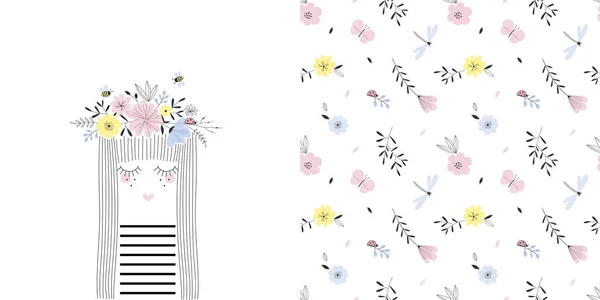 Färgstarka grafiska set med illustration av tecknad flicka stående i blommig krans och små skalade sömlös blommönster. — Stock vektor