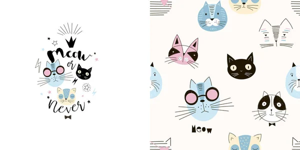 Graphic set of typographic illustration and seamless pattern with funny cartoon cats heads. — ストックベクタ