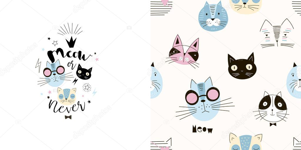 Graphic set of typographic illustration and seamless pattern with funny cartoon cats heads.