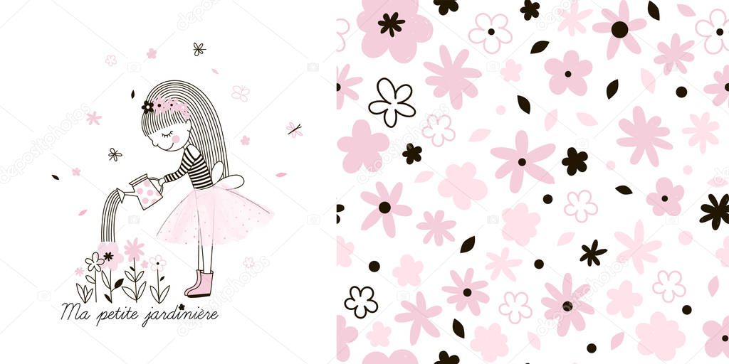 Girlish Spring garden themed graphic set with Little cute cartoon girl illustration and seamless floral pattern.