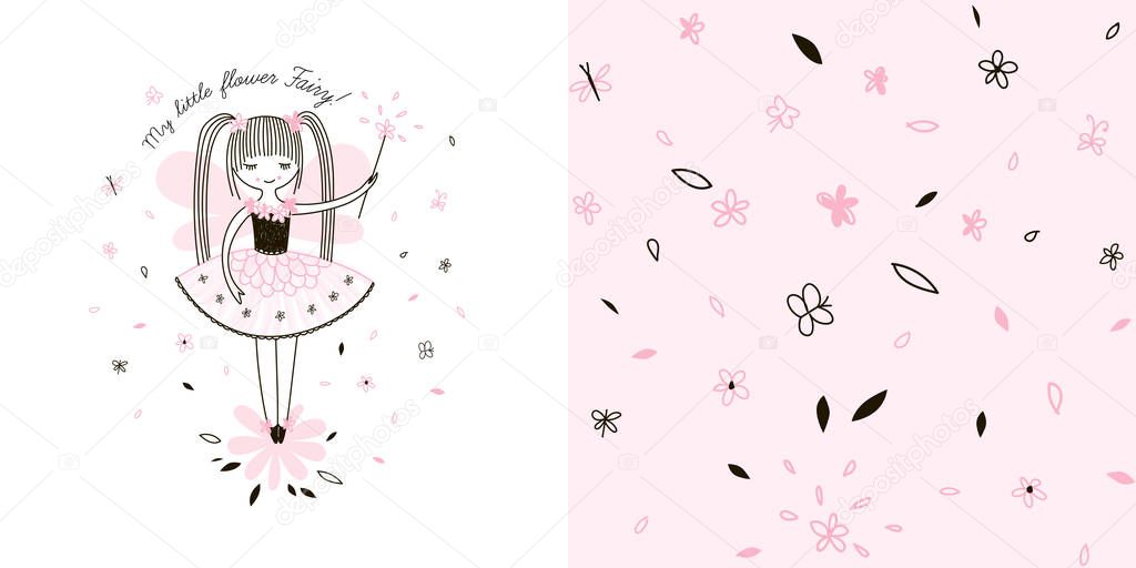 Girlish Fairy themed graphic set with Little cute cartoon Fairy girl illustration and seamless small scaled floral pattern.