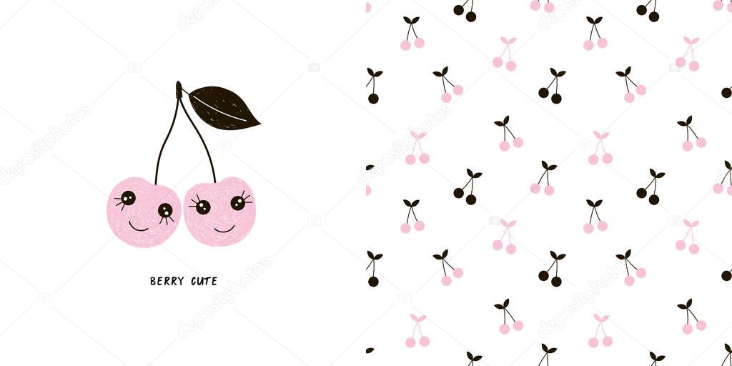 Cute cherry sisters characters illustration. Cherry berry seamless pattern.