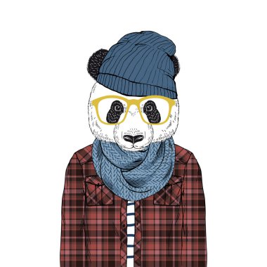 Ayı Panda hipster ekose gömlek sorulmayacak şapka giymiş ve örgü atkı, Tüylü sanat illüstrasyon, moda hayvanlar