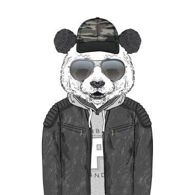 deri ceket hoodie ve kamuflaj deseni ile kap gibi modern kentsel kıyafetler içinde ayı Panda hipster giyinmiş