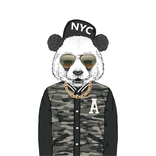 Oso panda hipster vestido con trajes urbanos modernos como chaqueta de bombardero, cadena dorada, gorra y gafas de sol . — Archivo Imágenes Vectoriales