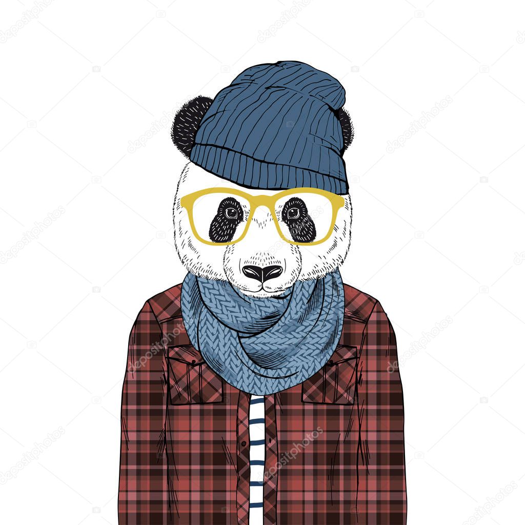 panda bear hipster dressed up in plaid shirt beany hat and knitted scarf, furry art illustration, fashion animals