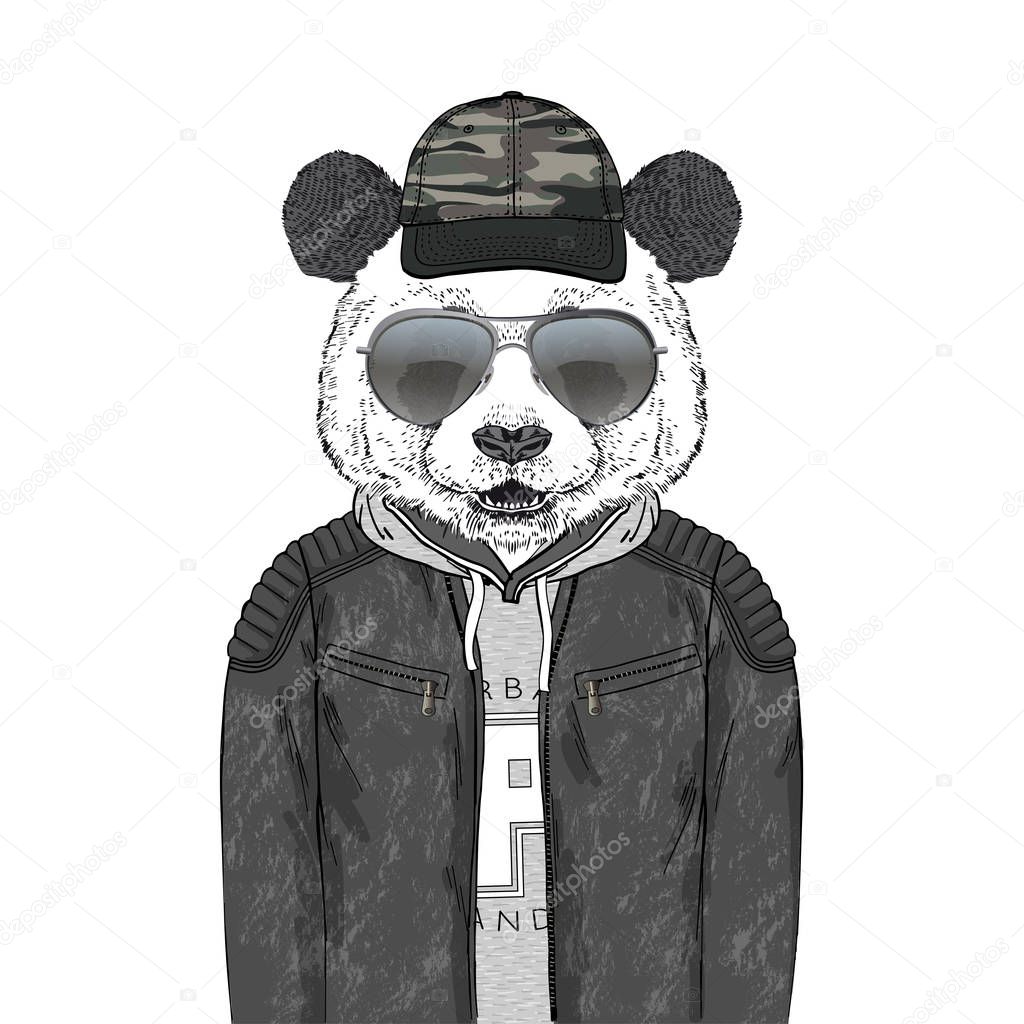 panda bear hipster dressed up in modern urban outfits like leather jacket hoodie and cap with camouflage pattern