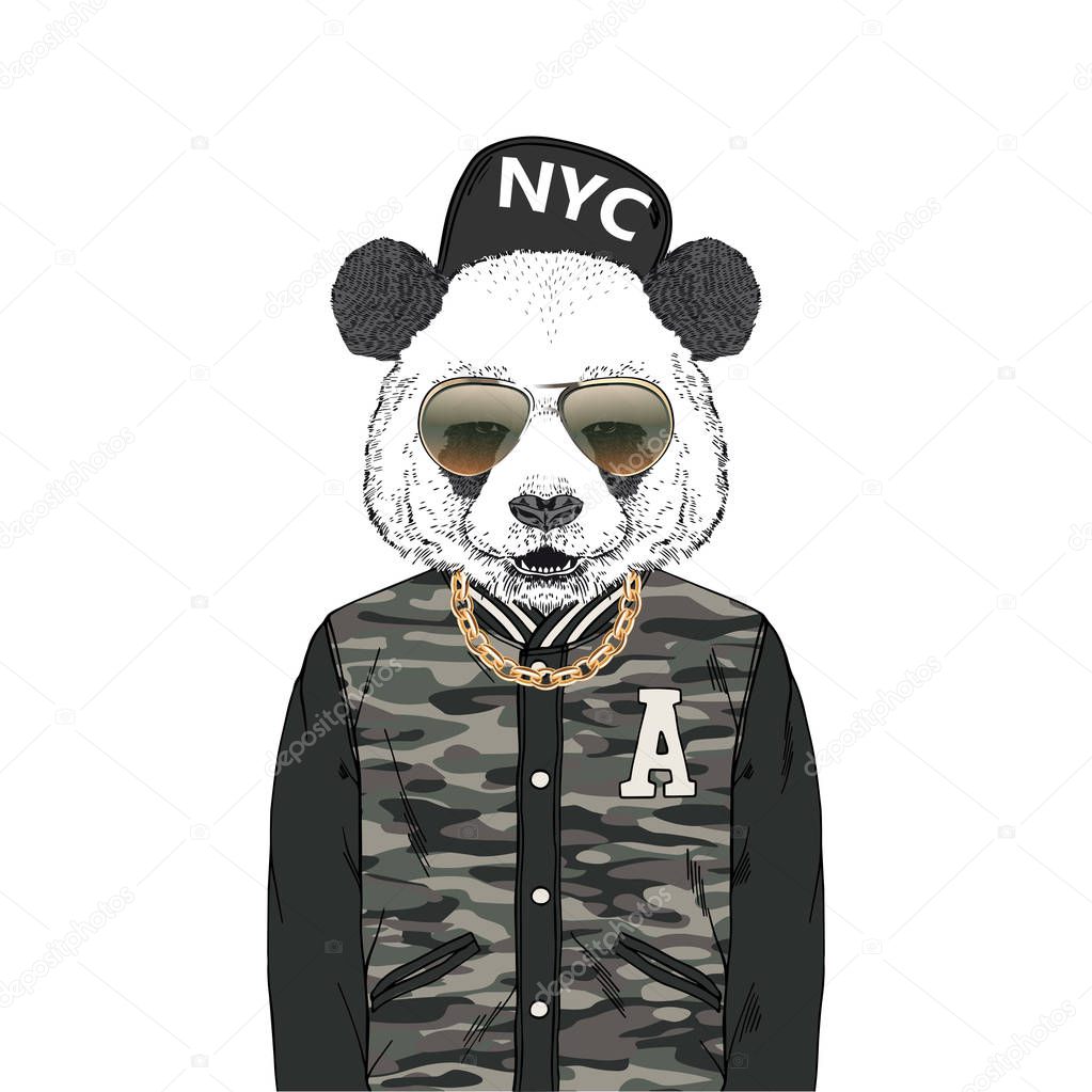 panda bear hipster dressed up in modern urban swag outfits like bomber jacket, golden chain, cap and sunglasses.