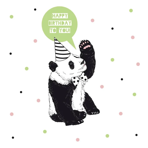 Joyeux anniversaire voeux carte avec mignon panda illustration portant cravate arc et chapeau de fête sur fond dotty — Image vectorielle