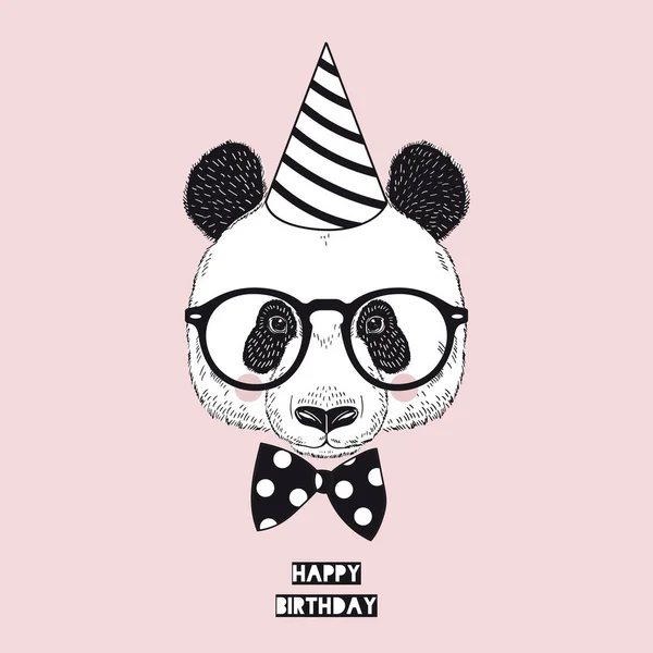 Herzlichen Glückwunsch zum Geburtstag niedliche Panda-Porträt in Party-Hut Krawatte Fliege und Brille — Stockvektor