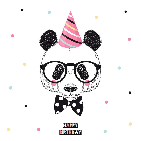 Herzlichen Glückwunsch zum Geburtstag niedliche Panda-Porträt in Party-Hut Krawatte Fliege und Brille — Stockvektor
