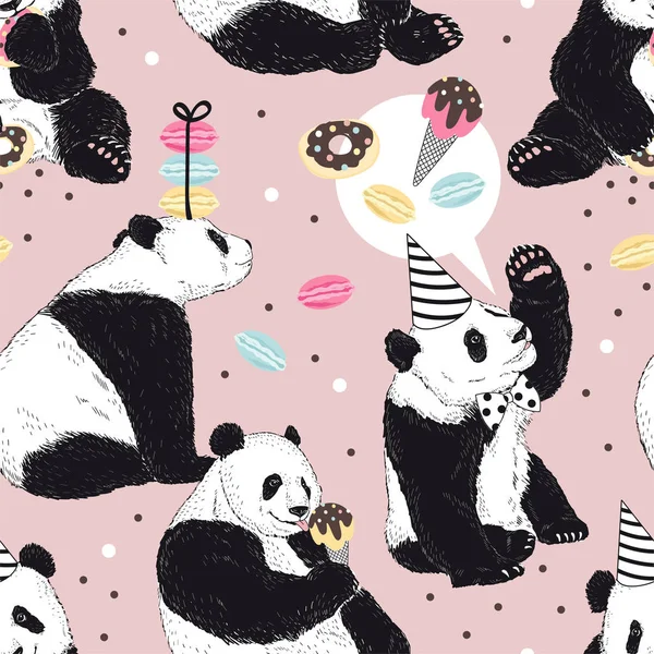 Happy birthday vector seamless pattern with cute panda bears and sweets on pink backgroun