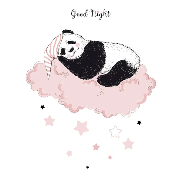 Dolce sogno panda su nuvola indossare dormire cappello illustrazione vettore per vivaio neonata stampa design — Vettoriale Stock