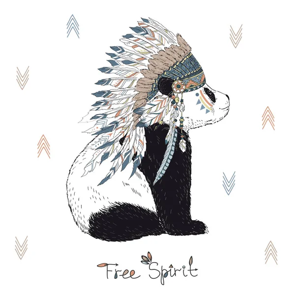 Illustration animalière dessinée à la main, panda cherokee vêtu d'un bonnet de guerre, affiche amérindienne, imprimé t-shirt tribal — Image vectorielle
