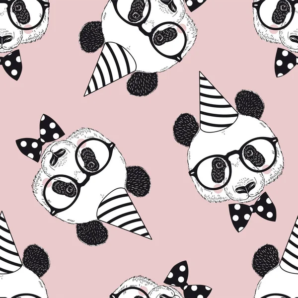 Happy Birthday Vector Seamless Pattern Cute Panda Portrait Party Hat — Stock Vector