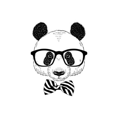 Panda hipster portre bardaklarda ve klas çizgili kravat yay. Çizilmiş vektör çizim el