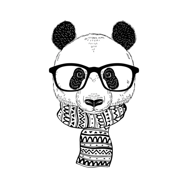 Panda hipster portrait in glasses and ornate knitted scarf. Hand drawn vector illustration — Stock Vector