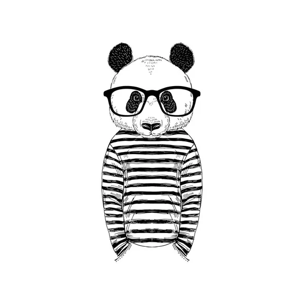 Εξανθρωπισμένες panda bear άνθρωπος hipster ντυμένοι σε σκανδιναβικό ριγέ φόρεμα. — Διανυσματικό Αρχείο