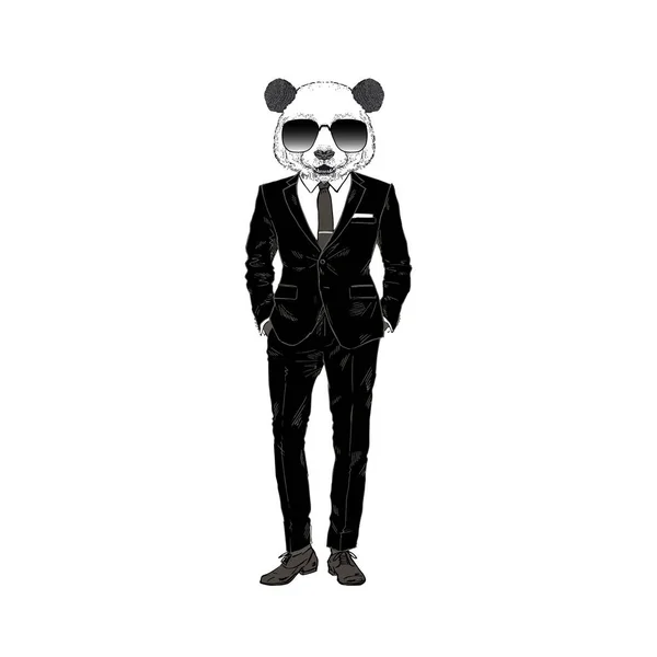 Humanized panda bear cool man dressed up in black business suit. — Stock Vector