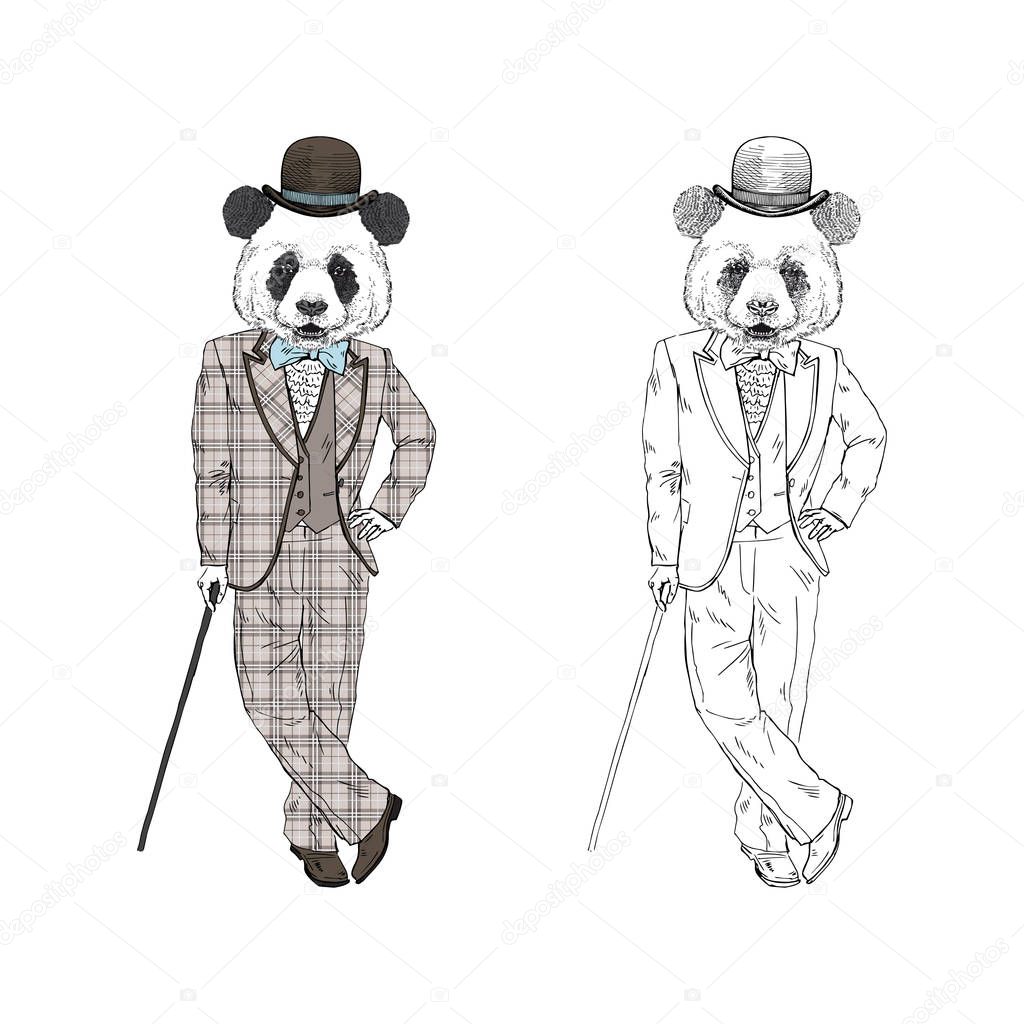 Humanized panda bear man dressed up in vintage gentleman suit bowler hat with walking stick.