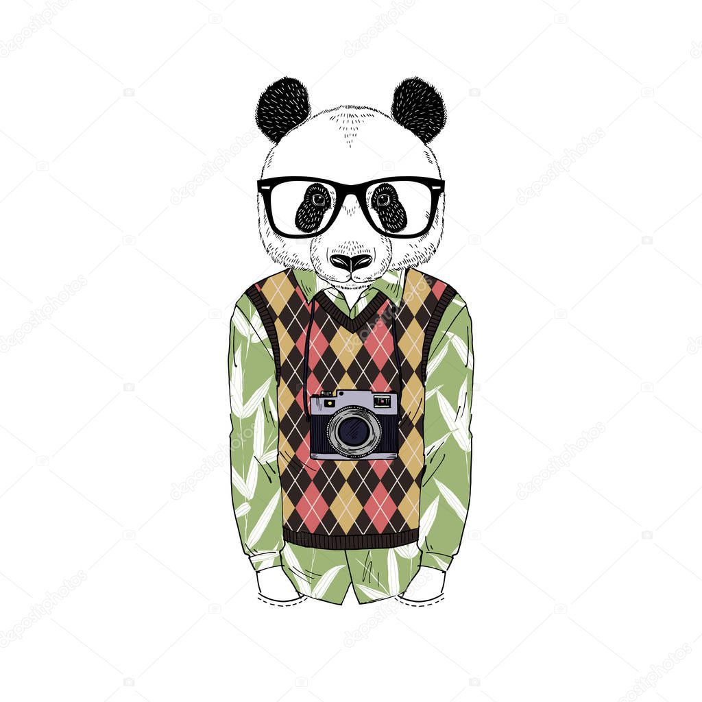 Humanized panda bear man hipster with photo camera dressed up in retro shirt and knitted argyle gilet.