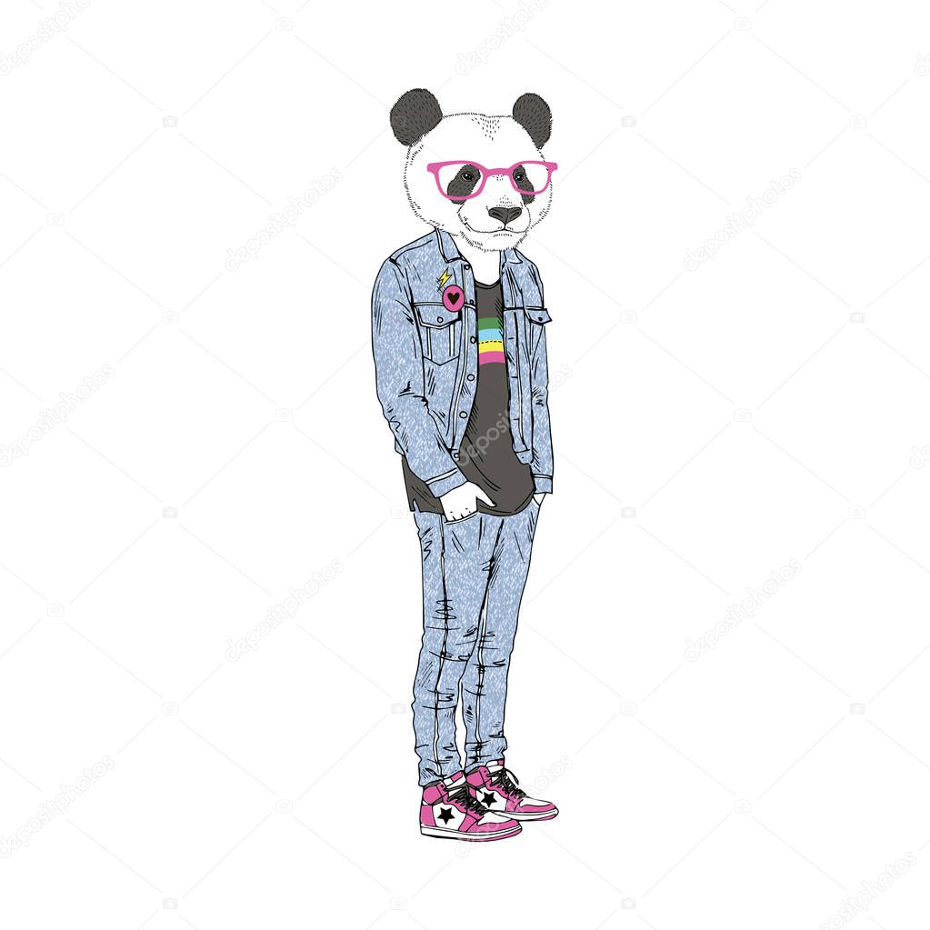Humanized panda bear man hipster dressed up in retro 80s jeans outfits.