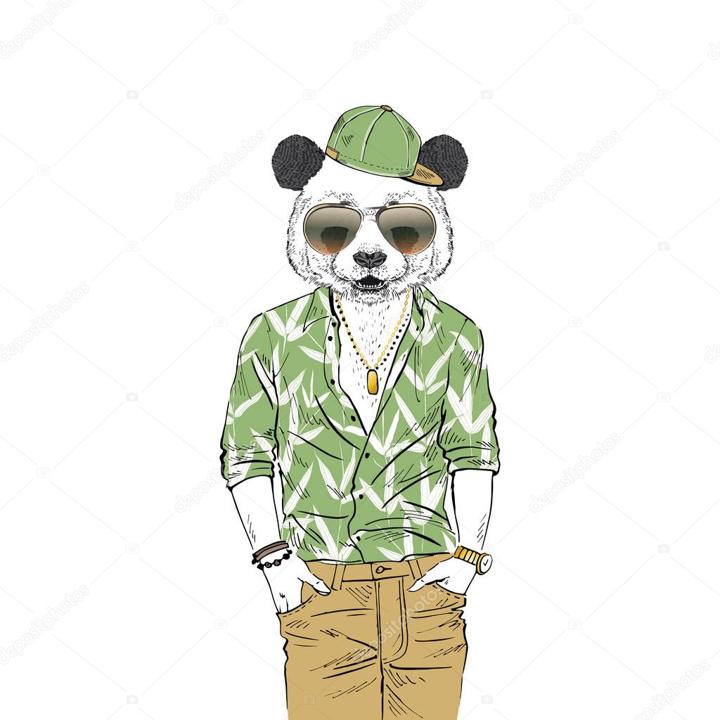 Humanized panda bear man hipster dressed up in Aloha hawaiian shirt with bamboo print.