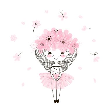 Sevimli çiçek peri kız doodle pembe balerin etek ve çiçek çelenk çizim.