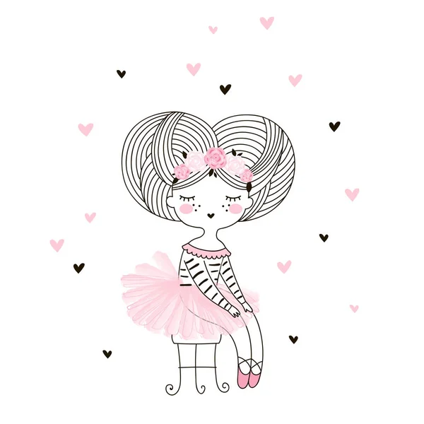 Linda chica doodle dibujo en falda de bailarina rosa sentado en silla vintage . — Vector de stock