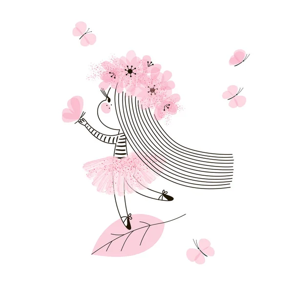 Χαριτωμένο μικρό κορίτσι νεράιδα με μακριά μαλλιά στέκεται πάνω σε φύλλα δέντρων και να παίζουν με πεταλούδα. — Διανυσματικό Αρχείο
