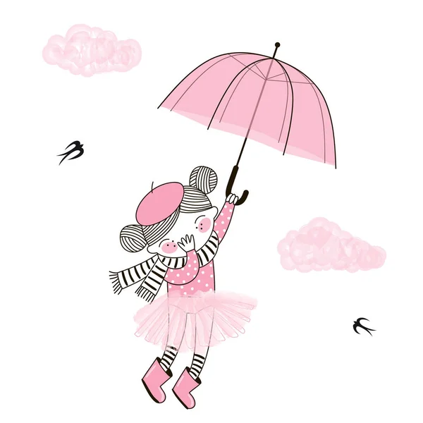 Gadis kecil lucu dengan rok balerina merah muda dan syal bergaris terbang menjauh di langit dengan payung merah mudanya . - Stok Vektor