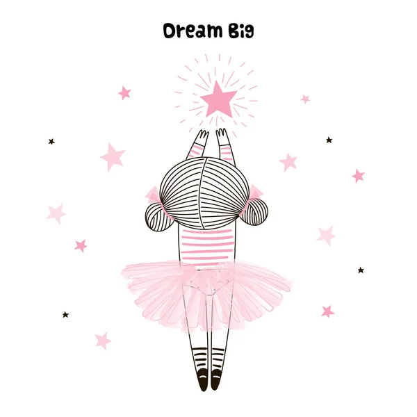 Cute little girl in pink ballerina skirt reaching for her star. — Stock Vector