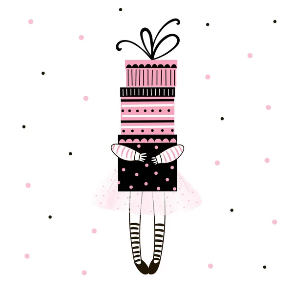 多くのピンクのバレリーナ スカートのかわいい誕生日女の子のプレゼント ボックス. — ストックベクタ