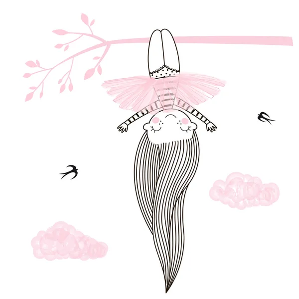 Cutelittle girl in pink ballerina skirt hanging head down on the tree. — Stock Vector
