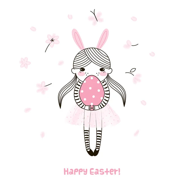 Linda niña en falda de bailarina rosa y orejas de conejo manteniendo un gran huevo de Pascua . — Vector de stock