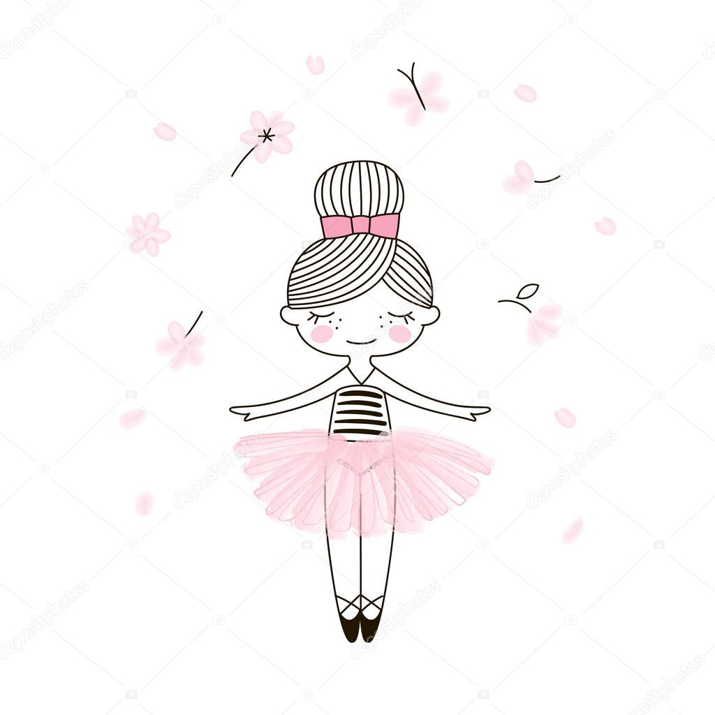 Cute little dancing ballerina girl in pink transparent skirt.