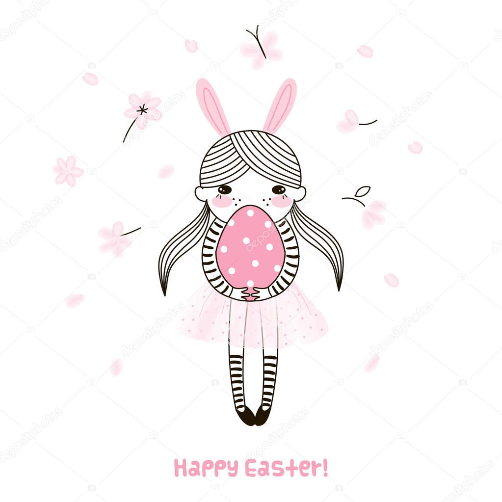 Cute little girl in pink ballerina skirt and bunny ears keeping a big Easter egg.