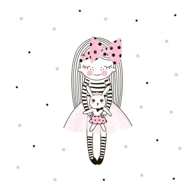 Pembe balerin etek büyük saç yay ve komik tavşan oyuncak sevimli küçük kız