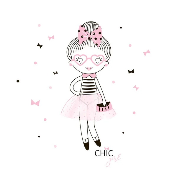 Gadis kecil yang lucu Perancis dalam pink transparan rok dotty busur di rambutnya berbentuk kacamata dan tas kecil . - Stok Vektor